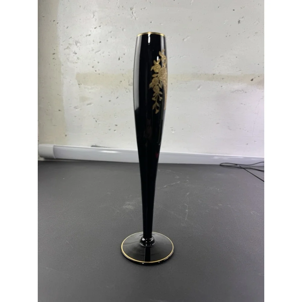 Central Glass Works‎ Bud Vase Black Glass Gold Basket Etch 10 inch